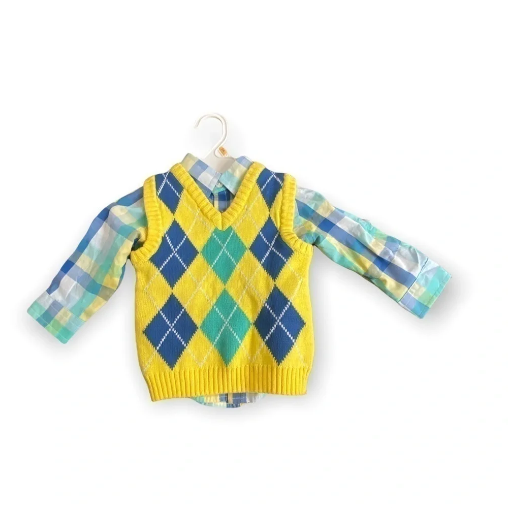 Izod Infant Pastel Plaid Shirt and Argyle Sweater Vest Combo Size 12mo